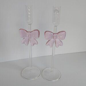 Glass Candleholders with Pink Bow - 11" NEW